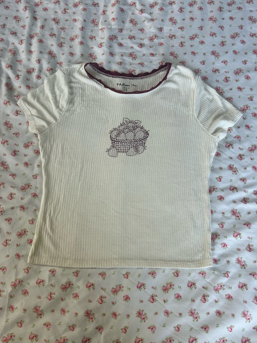 REBELLIOUS ONEDelicious Cream Ribbed Tee with Maroon Lace Trim and Berry Graphic